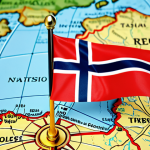 **A digital illustration depicting the Norwegian flag superimposed on a map of the Baltic Sea region, with a subtle NATO compass rose in the background. The image conveys a sense of strategic importance and security.**