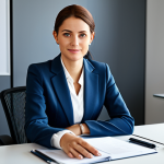 **

A professional businesswoman in a modest business suit, sitting at a desk in a modern office, fully clothed, appropriate attire, safe for work, perfect anatomy, natural proportions, professional photography, high quality.

**