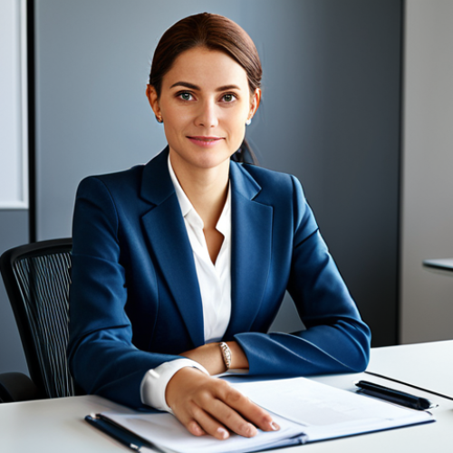 Home 7 **
A professional businesswoman in a modest business suit, sitting at a desk in a modern office, fully clothed, appropriate attire, safe for work, perfect anatomy, natural proportions, professional photography, high quality.
**