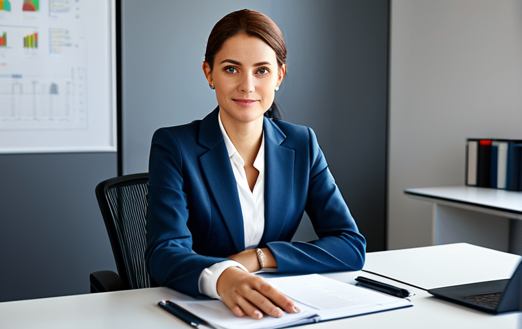 **

A professional businesswoman in a modest business suit, sitting at a desk in a modern office, fully clothed, appropriate attire, safe for work, perfect anatomy, natural proportions, professional photography, high quality.

**