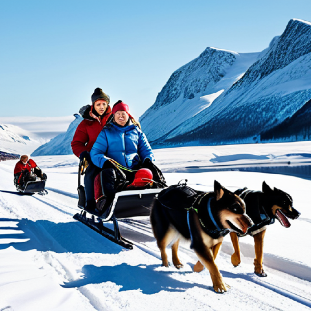 노르웨이 겨울철 여행 팁 - **
"A family-friendly scene of tourists, fully clothed in winter attire, enjoying a dog sledding ad...