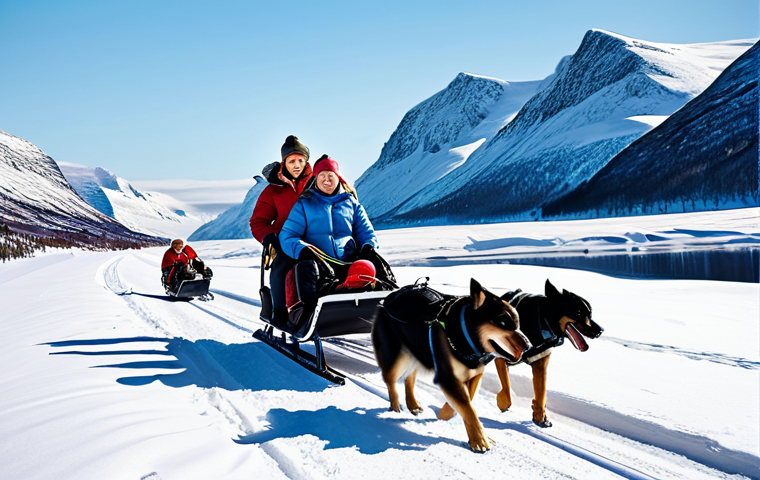 노르웨이 겨울철 여행 팁 - **
"A family-friendly scene of tourists, fully clothed in winter attire, enjoying a dog sledding ad...