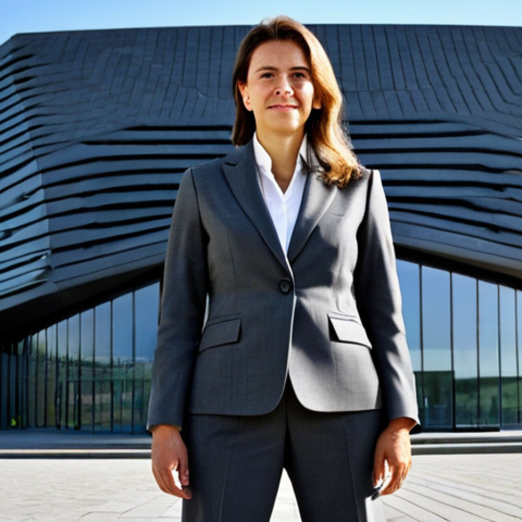 노르웨이 하이킹 코스 추천 - **
A professional businesswoman in a modest, dark grey business suit, standing confidently in front...