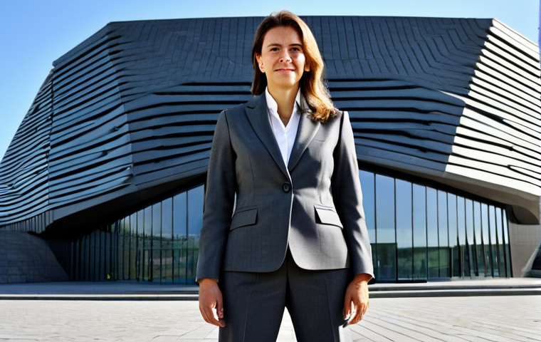 노르웨이 하이킹 코스 추천 - **
A professional businesswoman in a modest, dark grey business suit, standing confidently in front...