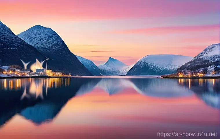 노르웨이 에너지 산업 - **Prompt:** A breathtaking panoramic view of a Norwegian fjord at dawn. In the foreground, a state-o...