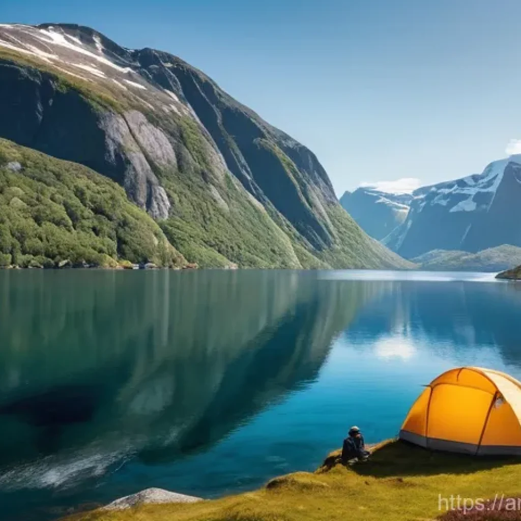 노르웨이 캠핑과 자연 체험 - **Prompt:** A breathtaking panoramic view of a pristine Norwegian fjord. Majestic, snow-capped mount...