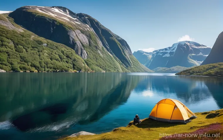 노르웨이 캠핑과 자연 체험 - **Prompt:** A breathtaking panoramic view of a pristine Norwegian fjord. Majestic, snow-capped mount...