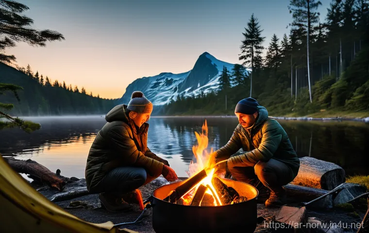 노르웨이 캠핑과 자연 체험 - **Prompt:** A breathtaking panoramic view of a pristine Norwegian fjord. Majestic, snow-capped mount...