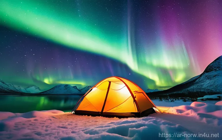 노르웨이 캠핑과 자연 체험 - **Prompt:** A cozy and authentic wild camping scene in a Norwegian forest during a peaceful evening....