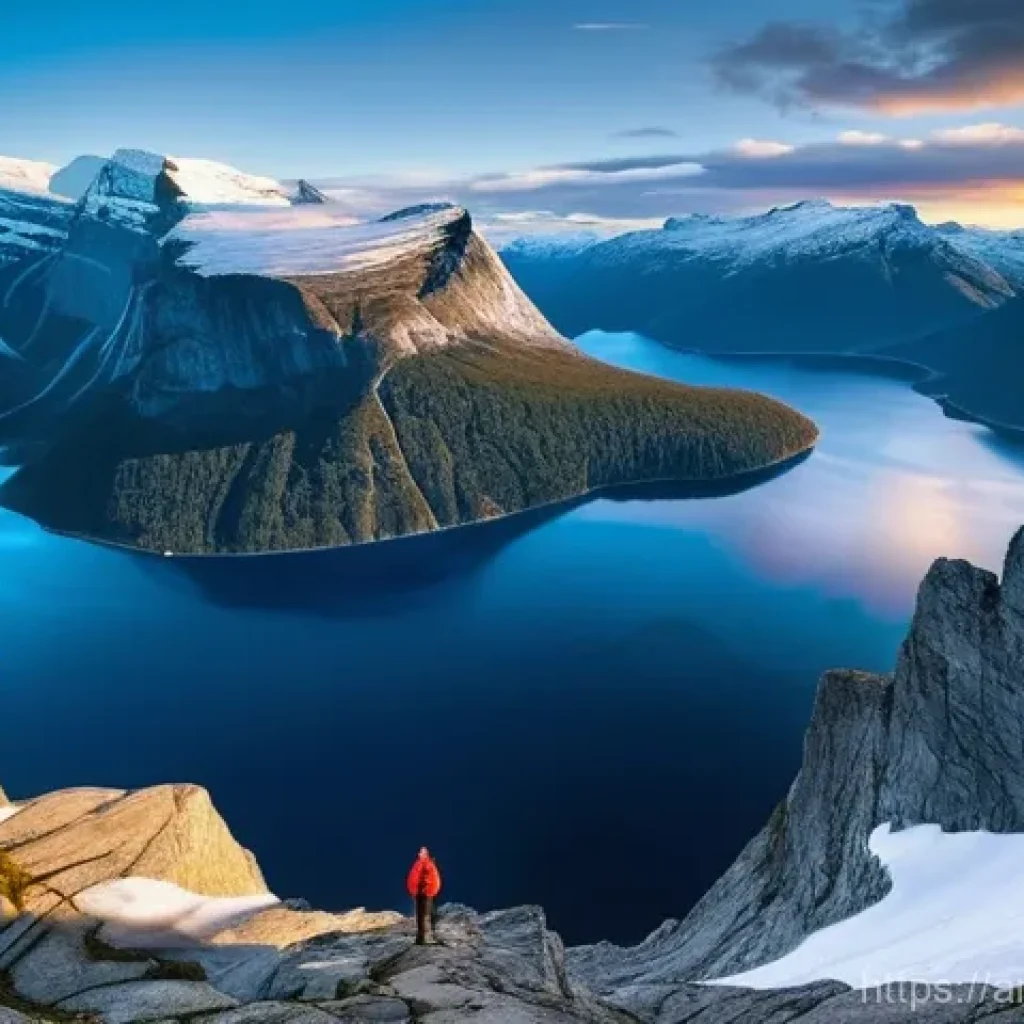 노르웨이 산악 등반 명소 - **Prompt 1: Majestic Trolltunga Panorama**
"A lone hiker, seen from behind, stands confidently o...