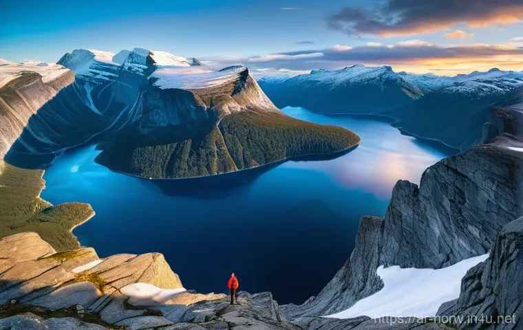 노르웨이 산악 등반 명소 - **Prompt 1: Majestic Trolltunga Panorama**
"A lone hiker, seen from behind, stands confidently o...