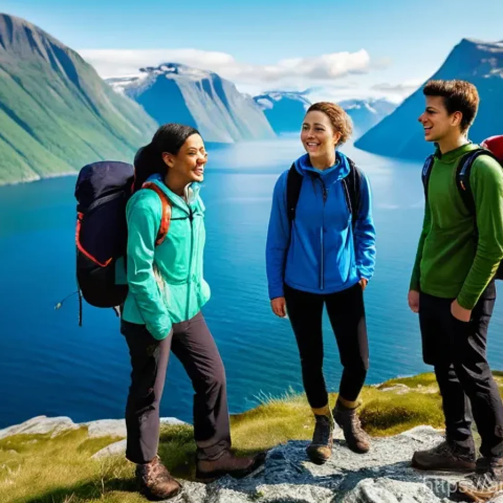 노르웨이 학비 및 교육제도 - **Prompt:** A diverse group of four young adult students, aged 19-24, hiking along a majestic Norweg...