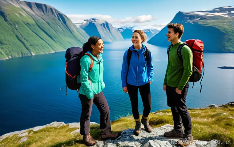 노르웨이 학비 및 교육제도 - **Prompt:** A diverse group of four young adult students, aged 19-24, hiking along a majestic Norweg...