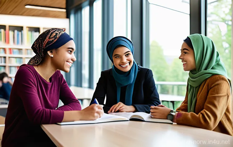 노르웨이 학비 및 교육제도 - **Prompt:** A diverse group of four young adult students, aged 19-24, hiking along a majestic Norweg... 노르웨이 학비 및 교육제도 - **Prompt:** A diverse group of four young adult students, aged 19-24, hiking along a majestic Norweg...