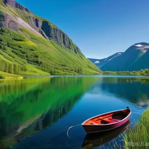 Home 23 노르웨이에서 가장 아름다운 호수 - **Olden Lake: Emerald Serenity**
A wide, breathtaking shot of Olden Lake in Norway on a clear su...