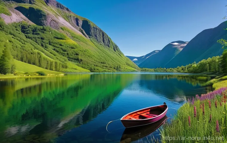 노르웨이에서 가장 아름다운 호수 - **Olden Lake: Emerald Serenity**
A wide, breathtaking shot of Olden Lake in Norway on a clear su...