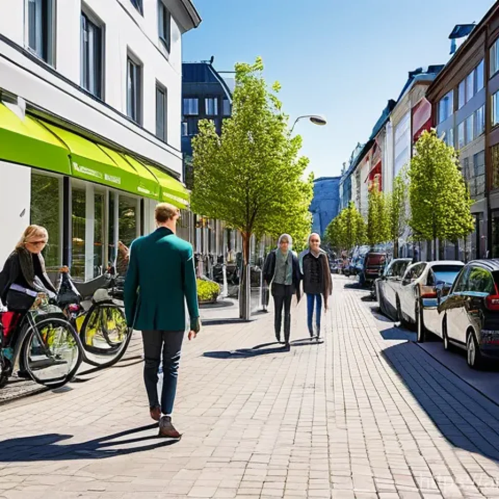 노르웨이 교통 시스템 - A vibrant, sunny street scene in a modern Norwegian city, reminiscent of Oslo. The street is bustlin...