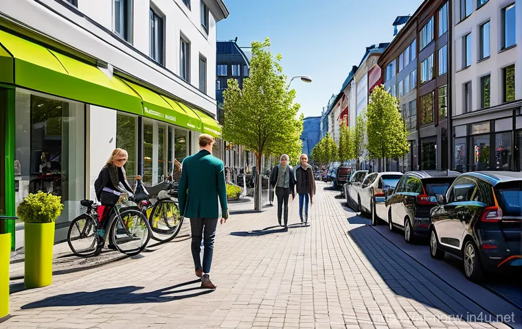 노르웨이 교통 시스템 - A vibrant, sunny street scene in a modern Norwegian city, reminiscent of Oslo. The street is bustlin...