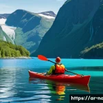 Home 9 노르웨이의 무인도와 자연 보호 - **Prompt:** "A solo adventurer in a bright red kayak paddles through the calm, turquoise waters of a...