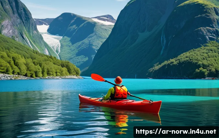 노르웨이의 무인도와 자연 보호 - **Prompt:** "A solo adventurer in a bright red kayak paddles through the calm, turquoise waters of a...