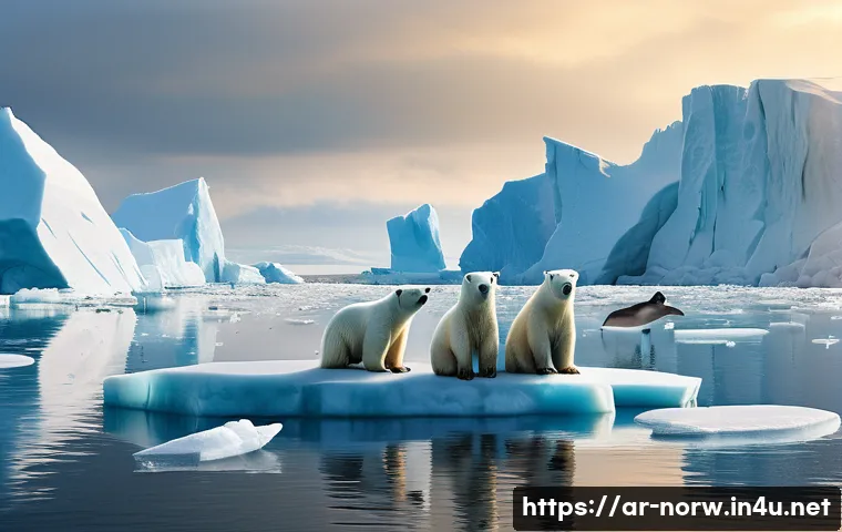 노르웨이와 북극해 자원 개발 - A detailed, realistic scene of the Arctic marine ecosystem affected by melting ice: depict polar bea...