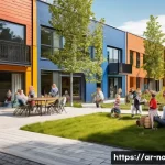 노르웨이 범죄율 및 안전 - A vibrant community gathering in a modern Norwegian neighborhood, featuring diverse families and nei...