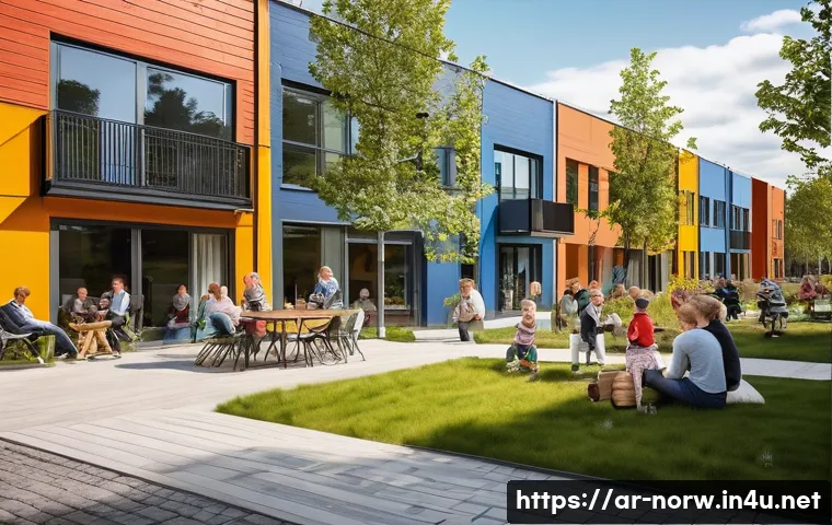 노르웨이 범죄율 및 안전 - A vibrant community gathering in a modern Norwegian neighborhood, featuring diverse families and nei...