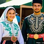 노르웨이 소수 민족 - A vibrant traditional festival scene in a Northern European village, showcasing men and women dresse...