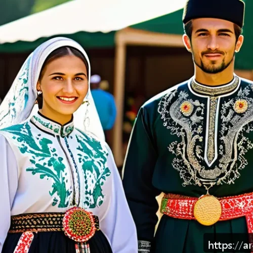 노르웨이 소수 민족 - A vibrant traditional festival scene in a Northern European village, showcasing men and women dresse...