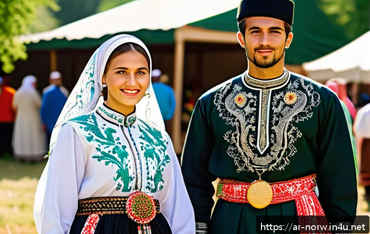 노르웨이 소수 민족 - A vibrant traditional festival scene in a Northern European village, showcasing men and women dresse...