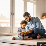 노르웨이에서 출산 및 육아 지원 정책 - A warm, intimate family scene in a modern Norwegian home, featuring an Arabic-speaking couple sharin...