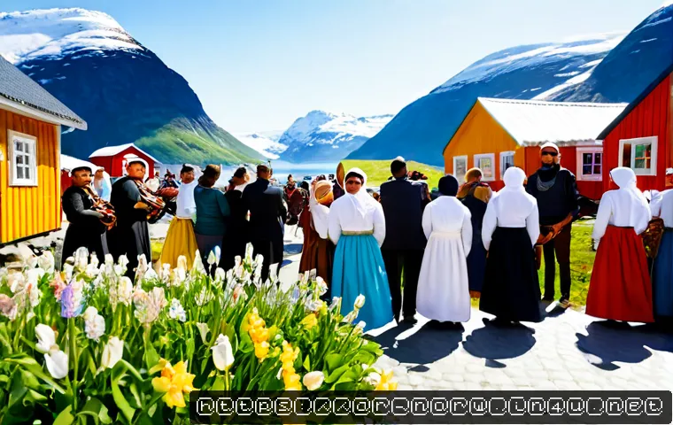 노르웨이 전통 축제 - Photorealistic Norwegian traditional festival in a charming fjord village, smiling families and frie...