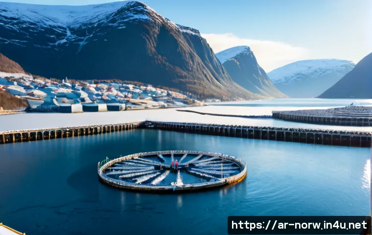 노르웨이 연어 산업 - Photorealistic wide view of a modern Norwegian salmon aquaculture site in a calm fjord, circular sea...