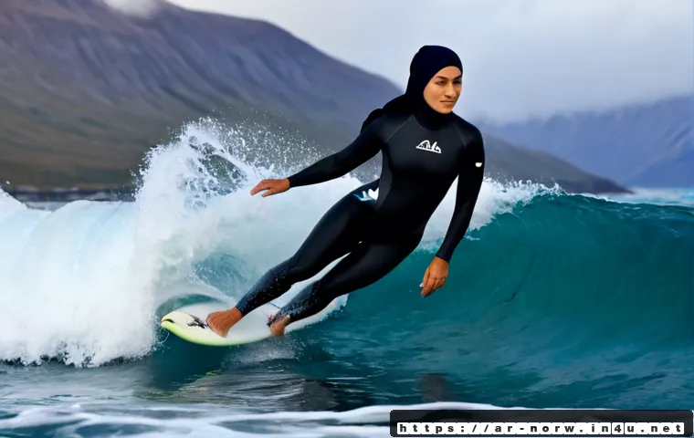 노르웨이 서핑과 해양 스포츠 - Photorealistic Norwegian Arctic surfing scene, confident Arab woman surfer in a modest full-coverage...